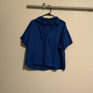 Saks Fifth Avenue Royal Blue Linen Collared Blouse Coastal Style Cruise Vaction